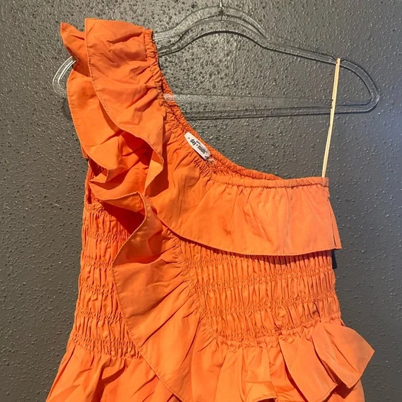 Day + Moon Meredith Smocked One Shoulder Orange Ruffle Dress - Picture 5 of 10